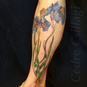 iris botanical tattoo leg stems