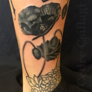 black poppies, poppies, leaves, black tattoos