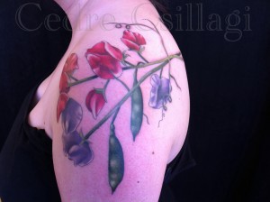 Sweet pea flowers and pods on shoulder and upper back