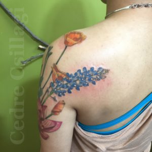 bluebonnets, back, shoulder, tattoo